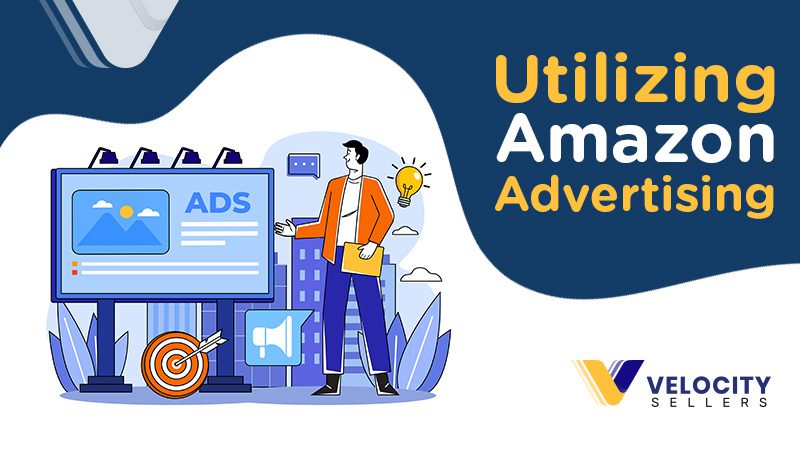 Man standing next to a big screen with symbolic elements representing Amazon Advertising utilization