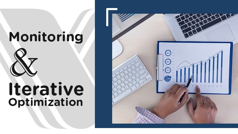 Composition representing the process of monitoring and iterative optimization with a notebook, laptop, keyboard, and eyeglasses