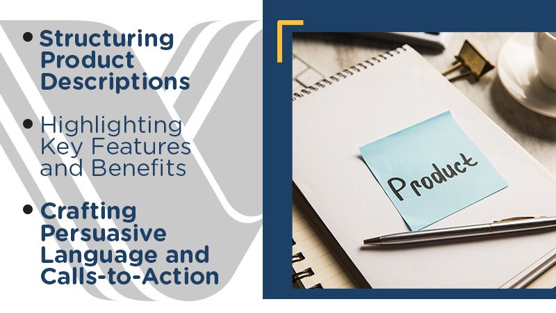Image of a copybook, pen, keyboard, and a "product" sticker - representing the elements of crafting engaging and informative product descriptions.