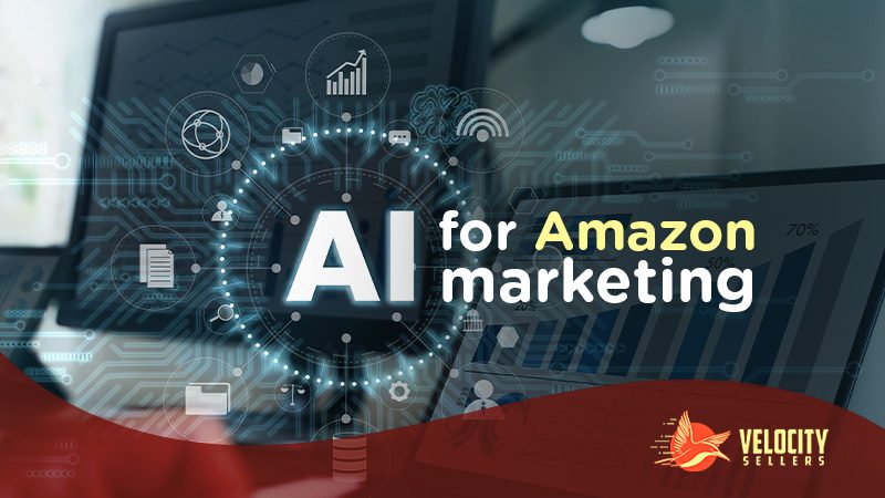 Dynamic depiction of AI's impact on Amazon marketing, with a multi-exposure desktop featuring advanced technology elements and holographic "AI" writing