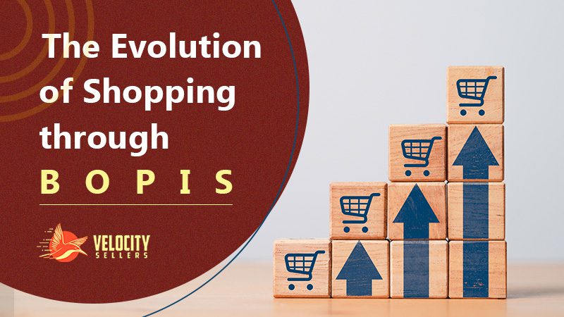 Illustration of a large red circle with text and logo on the left and a wooden block bar graph on the right, representing the evolution of BOPIS.