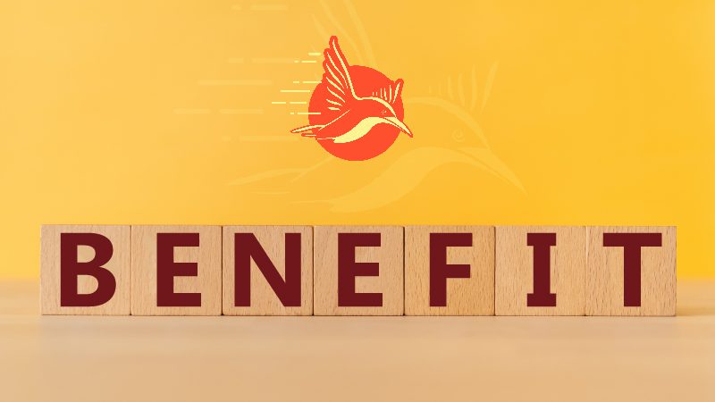 Wooden blocks spelling “BENEFIT” with a flying bird illustration above against a yellow background.