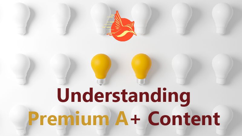 An array of white light bulbs with three illuminated yellow ones, accompanied by an artistic red bird illustration and text reading “Understanding Premium A+ Content”.