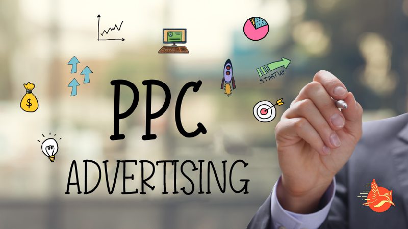 Man's hand holding a pan surrounded by PPC-related symbols and 'PPC advertising' writing, depicting diverse aspects of PPC metrics. Management for amazon