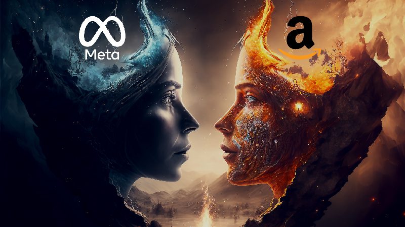 A visually striking representation of two tech giants, with “Meta” encased in ice and “Amazon” surrounded by fire, illustrating the dynamic between Amazon and Meta.