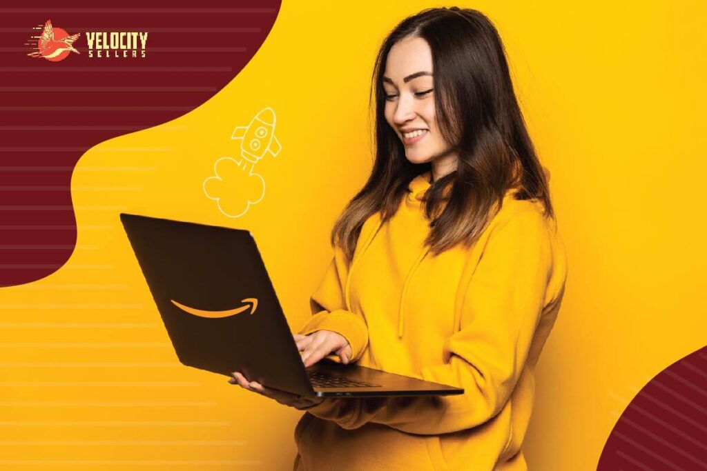A person in a yellow hoodie holding a laptop with a smiley face sticker, representing the implementation of a Pre-Launch Marketing Strategy.