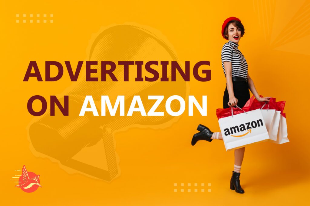 Woman happily shopping with Amazon-branded bags, symbolizing the success of Advertising on Amazon.