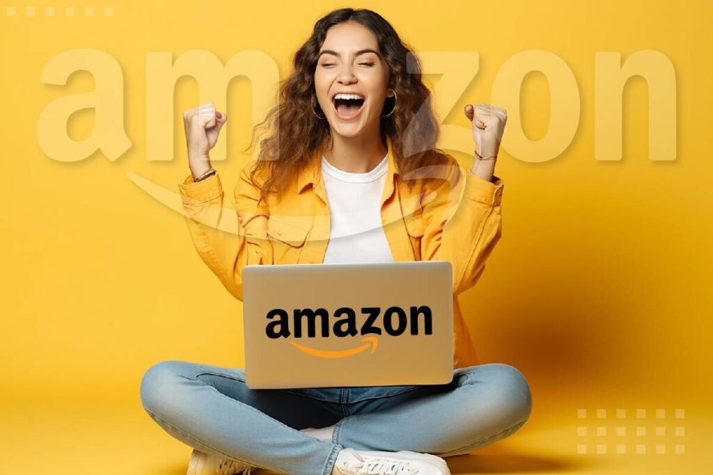 Excited young entrepreneur celebrating success with laptop showcasing Amazon logo: Different Types Of Software