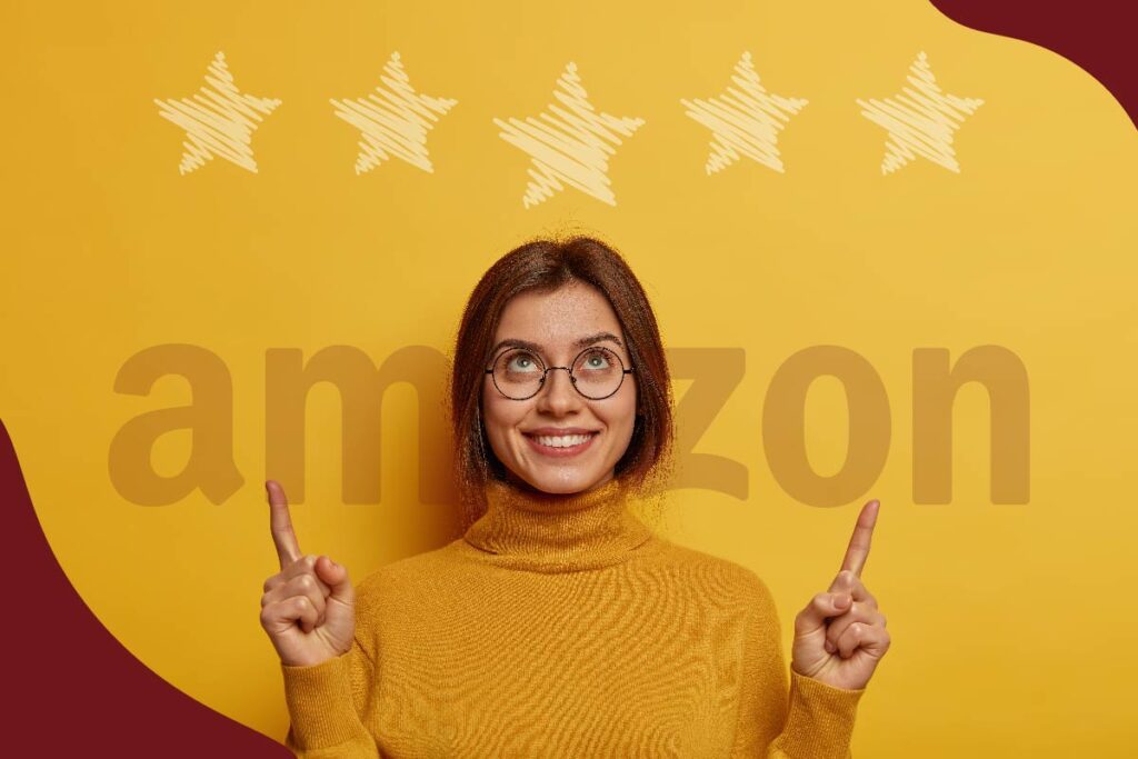Woman pointing upwards towards five stars above the Amazon logo, participating in the Amazon Vine program.
