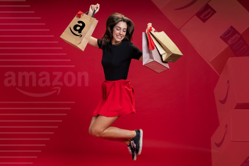 Woman joyfully jumping with shopping bags, illustrating brand alignment with Amazon.