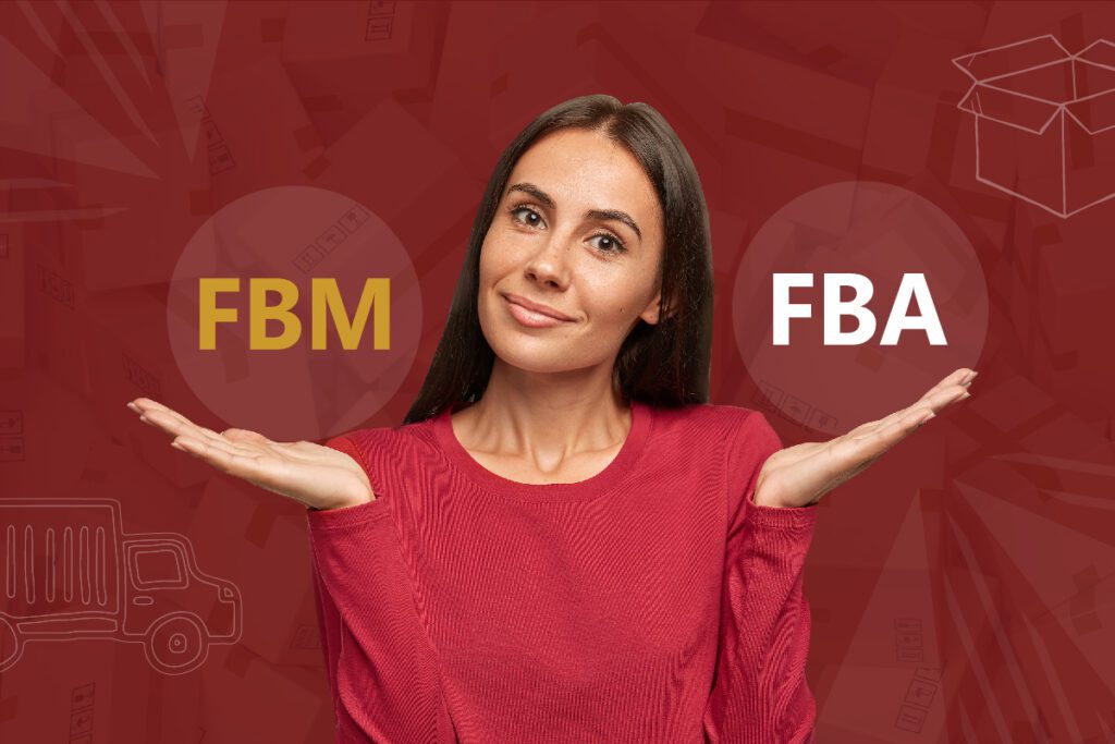 Woman comparing Fulfilled by Amazon (FBA) and Fulfilled by Merchant (FBM) for managing Amazon inventory.
