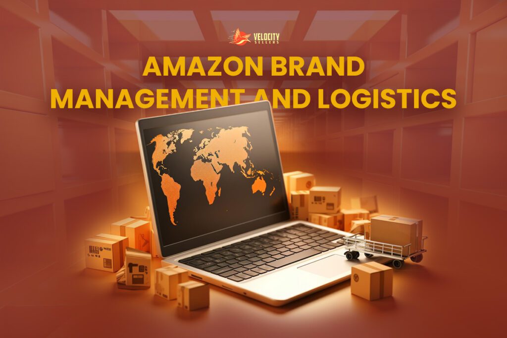 A laptop displaying a world map with various shipping boxes around it, representing Amazon brand management and logistics.