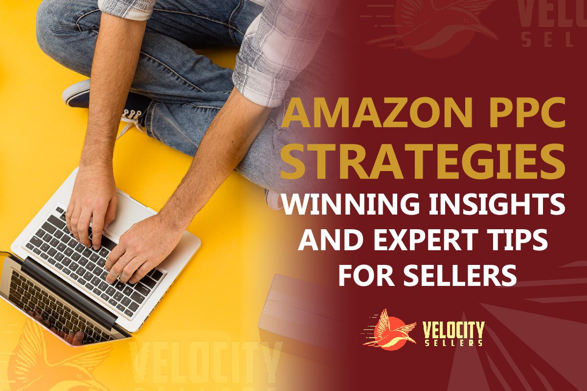 A person working on a laptop, showcasing a vibrant design promoting Amazon PPC strategies with the text "Winning Insights and Expert Tips for Sellers.