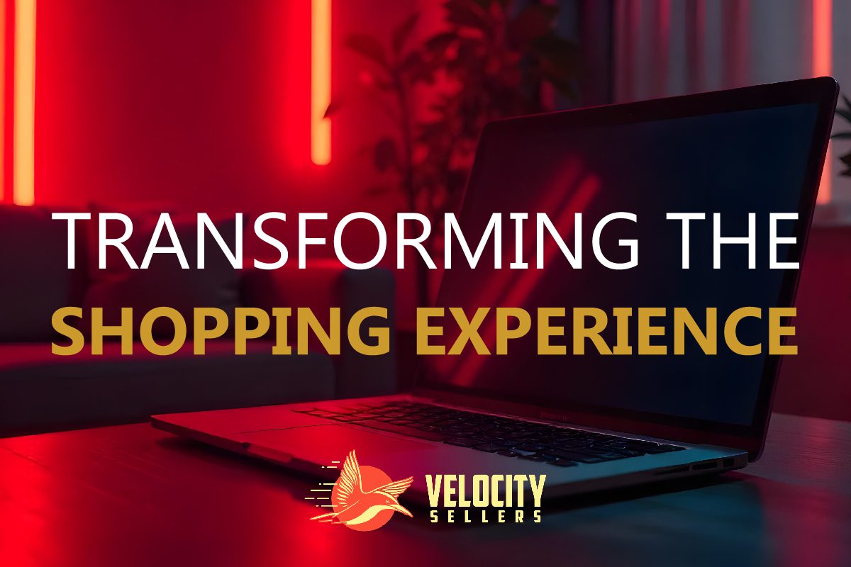 A laptop on a table with the words "Transforming the Shopping Experience" displayed in bold, with the Velocity Sellers logo.