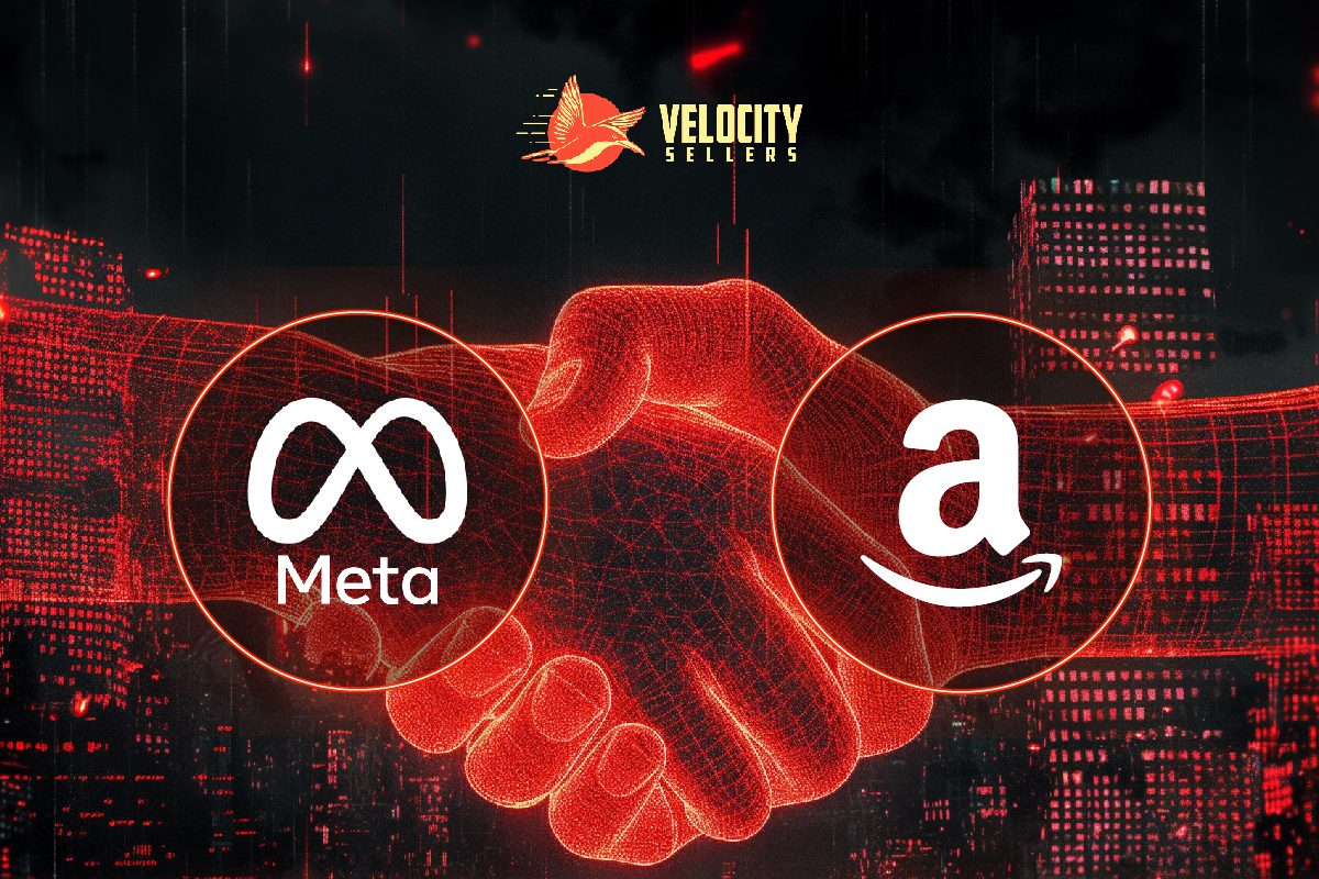 A handshake between Meta and Amazon representing a collaboration, with the Velocity Sellers logo in the background.