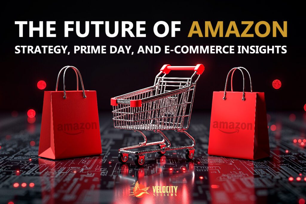 The Future of Amazon: Strategy, Prime Day, and E-Commerce Insights with a shopping cart and Amazon shopping bags.