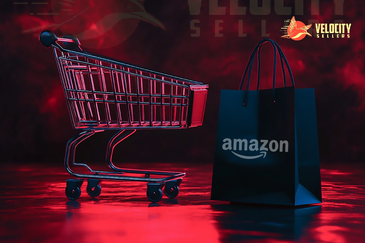 Shopping cart and Amazon-branded bag under a red spotlight, with the Velocity Sellers logo in the background.