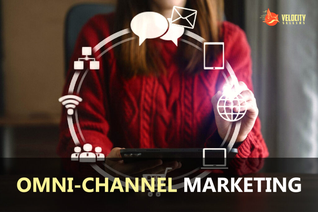 Woman holding a tablet surrounded by digital icons representing omni-channel marketing.