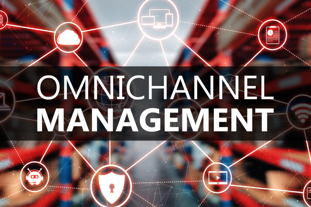 Omnichannel management concept with icons representing interconnected channels such as cloud storage, security, and communication.