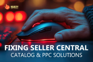 Close-up of a hand using a computer mouse with glowing red lights, symbolizing precision and efficiency, paired with the text "Fixing Seller Central: Catalog & PPC Solutions" and the Velocity Sellers logo in the top corner, showcasing Amazon catalog optimization services.