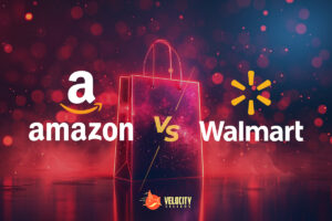 A glowing shopping bag in a vibrant red and blue background, featuring the Amazon and Walmart logos.