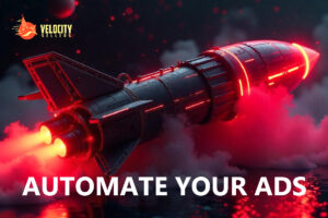 Automated Ads: A futuristic rocket with glowing red accents, launching into a dark and smoky atmosphere, symbolizing speed and innovation in advertising automation.