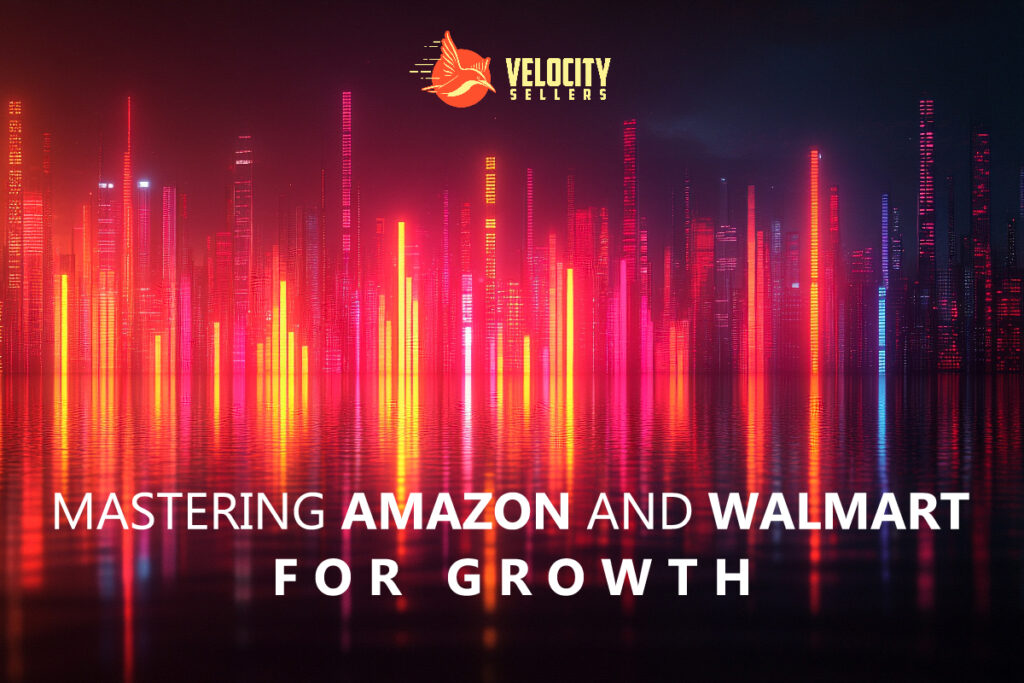 Mastering Amazon and Walmart for Growth: A futuristic cityscape with glowing vertical light bars in vibrant red and orange hues, symbolizing growth and innovation.