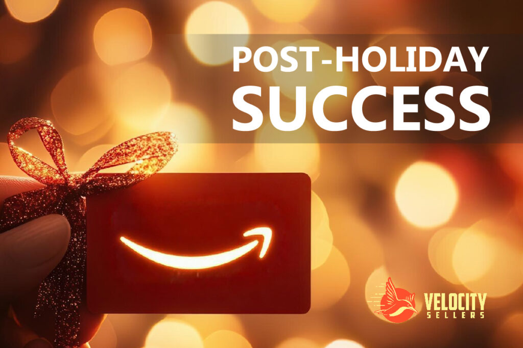 Post-Holiday Success: A gift card with a glowing Amazon logo wrapped in a festive ribbon, set against a warm bokeh light background.