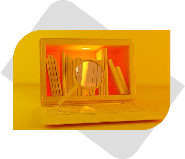 A 3D-rendered dummy laptop screen displaying a magnifying glass icon over columns of racks on a vibrant yellow background with an overlay.