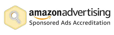 Amazon Advertising Sponsored Ads Accreditation badge featuring a hexagonal icon with a magnifying glass, alongside the Amazon Advertising logo and text.