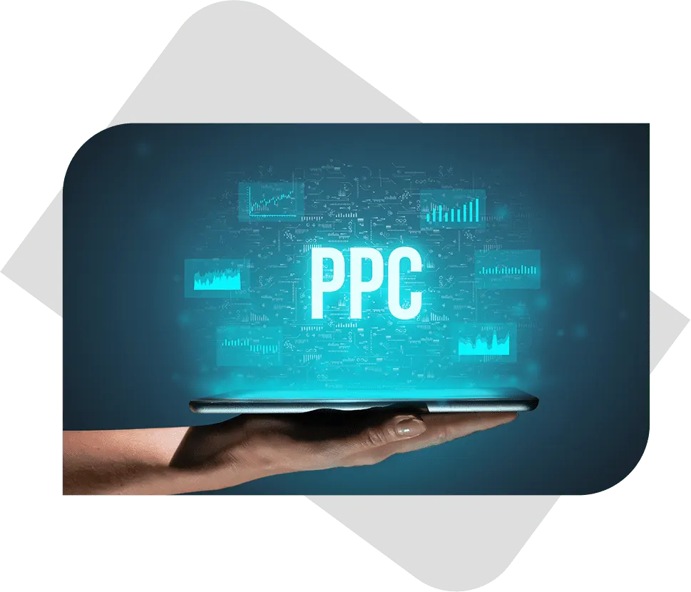 A tablet held facing up, displaying "PPC" text with graphics on a dark blue background.