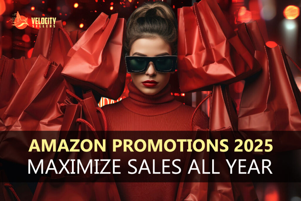 A fashionable woman wearing oversized sunglasses and a red turtleneck sweater holds multiple red shopping bags, surrounded by vibrant red and orange lights, embodying the excitement of Amazon Promotions