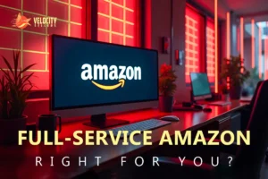 Full-Service Amazon – A high-tech workspace with an Amazon logo displayed on a computer screen, illuminated with red neon lighting.