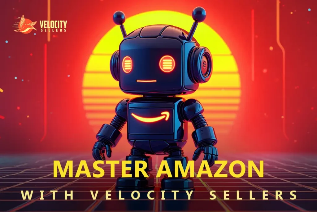 Full-Service Amazon – A futuristic AI-powered robot with an Amazon logo stands against a glowing digital sunset, symbolizing advanced e-commerce automation and optimization.