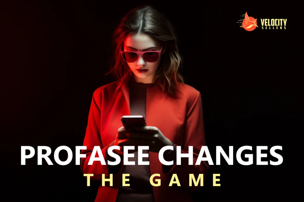 Profasee changes the game – A stylish woman in red sunglasses and a red jacket focused on her smartphone, symbolizing innovation and technology.