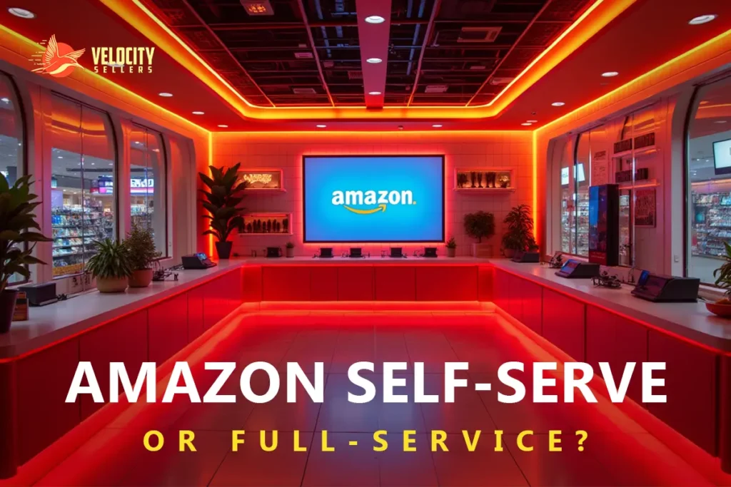 Full-Service Amazon – A modern, high-tech Amazon service center illuminated with red and orange LED lighting, representing the choice between self-service and full-service solutions.