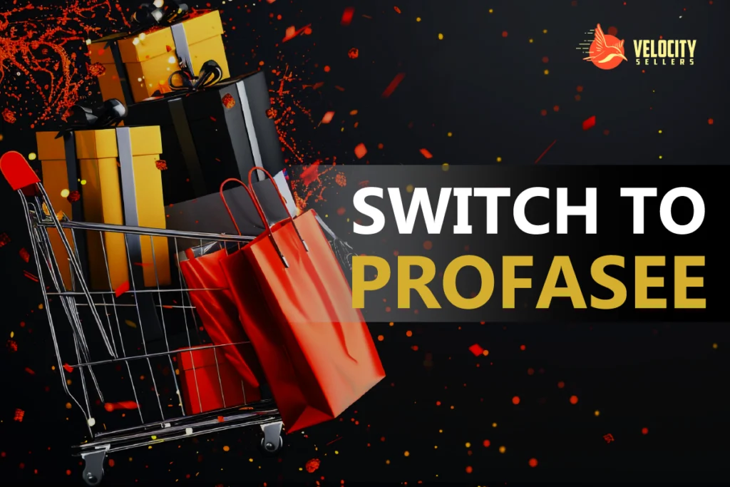 Switch to Profasee – A shopping cart filled with luxury gift boxes and red shopping bags, symbolizing e-commerce success.