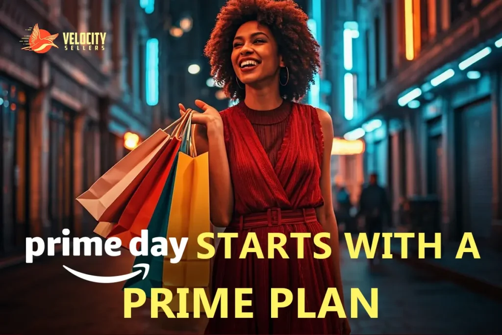 Smiling woman holding colorful shopping bags in a neon-lit city street, representing excitement and readiness for Prime Day Preparation with the phrase "Prime Day Starts With a Prime Plan" overlaid.