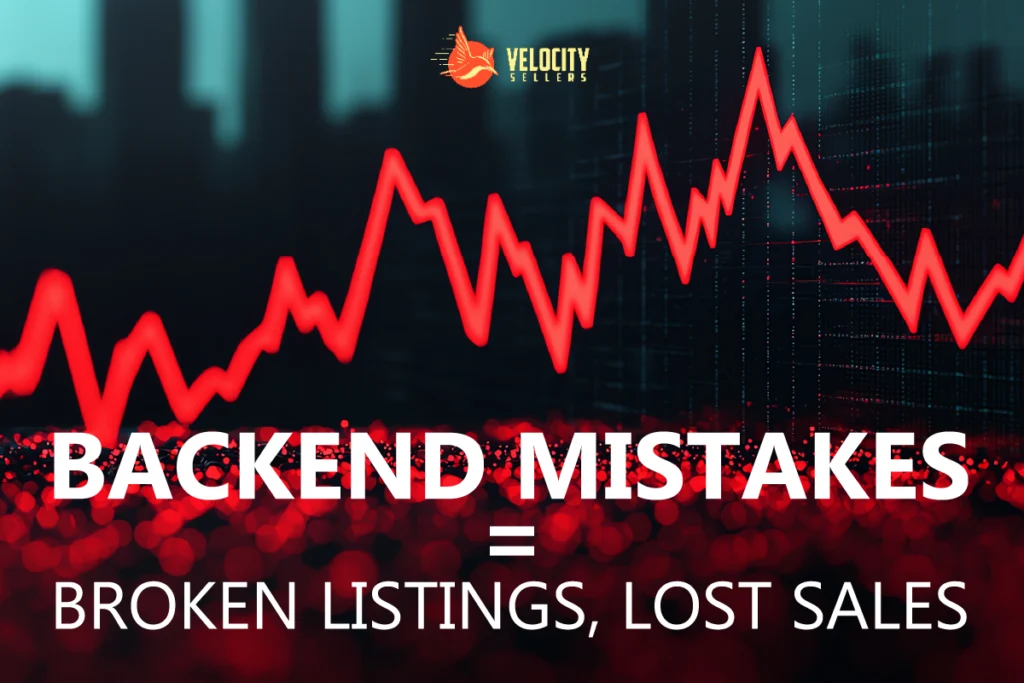 A jagged red line graph drops sharply against a dark data background, symbolizing how backend mistakes can lead to broken listings and lost sales.
