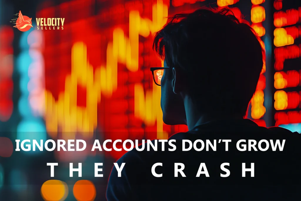 A man stares at a crashing stock chart with red and yellow candlestick graphs, symbolizing the risks of neglecting business accounts.